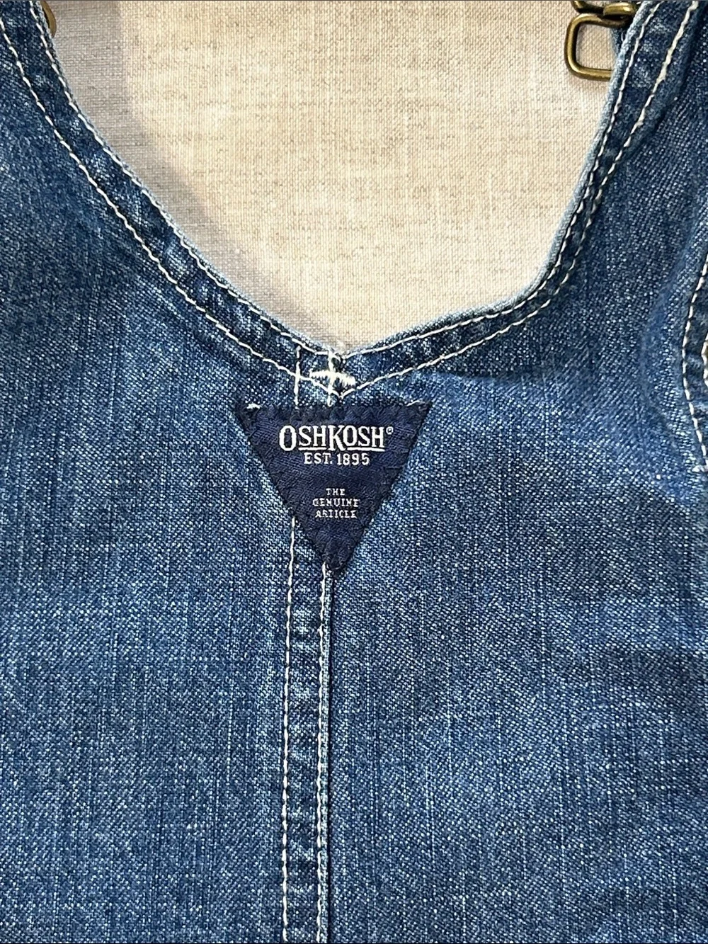 OshKosh B'gosh Dark Blue Denim Short Overalls for Kids. Embroidered baseball.